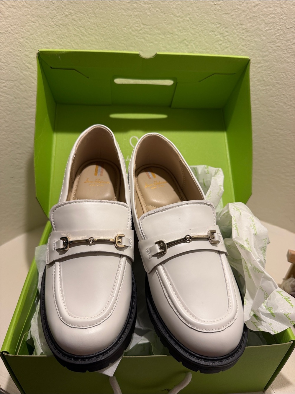 Sam Edelman Girls White Leather Loafers with Gold Buckle